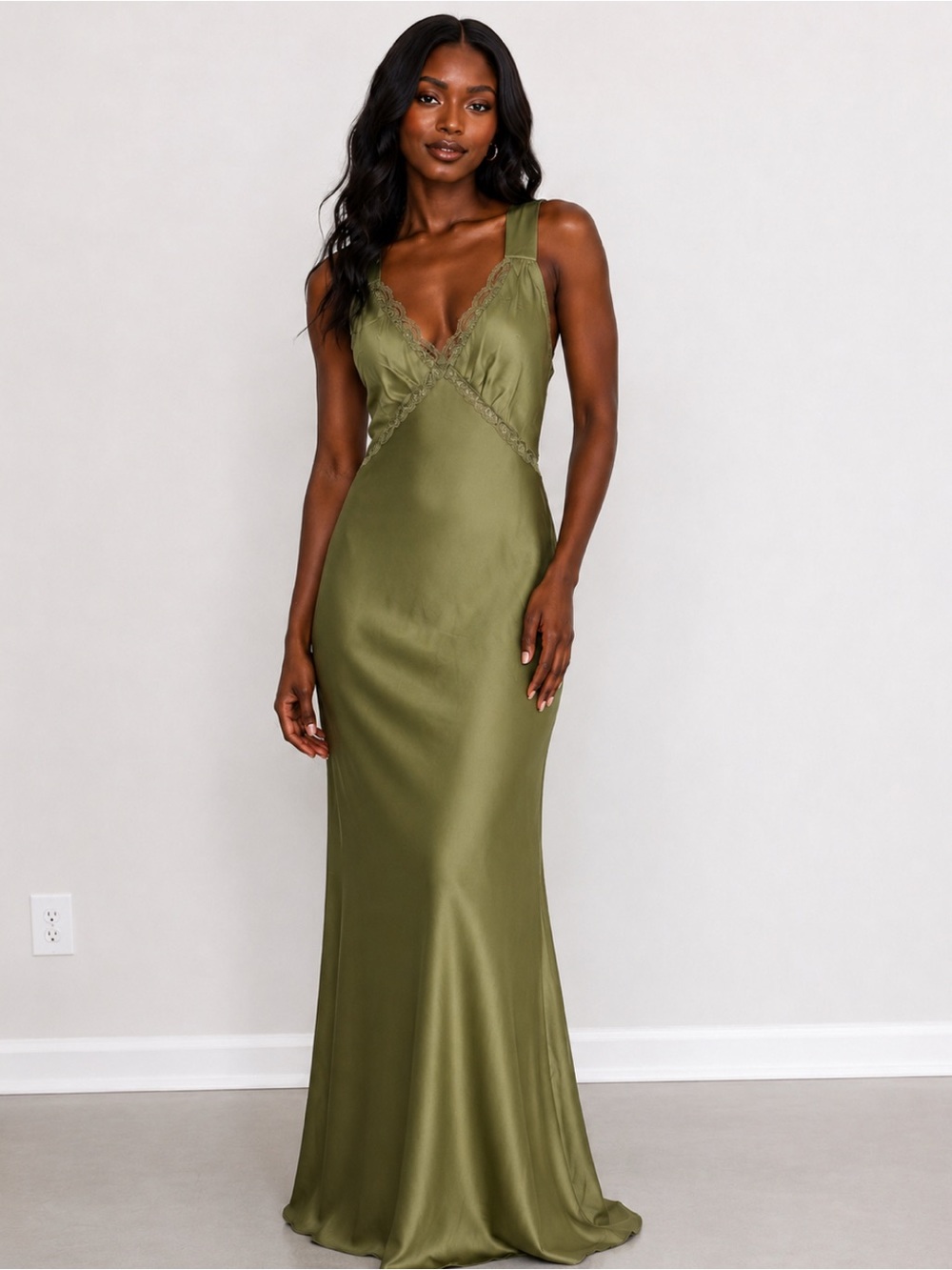 Reformation Olive Green Satin Slip Dress with Lace Trim